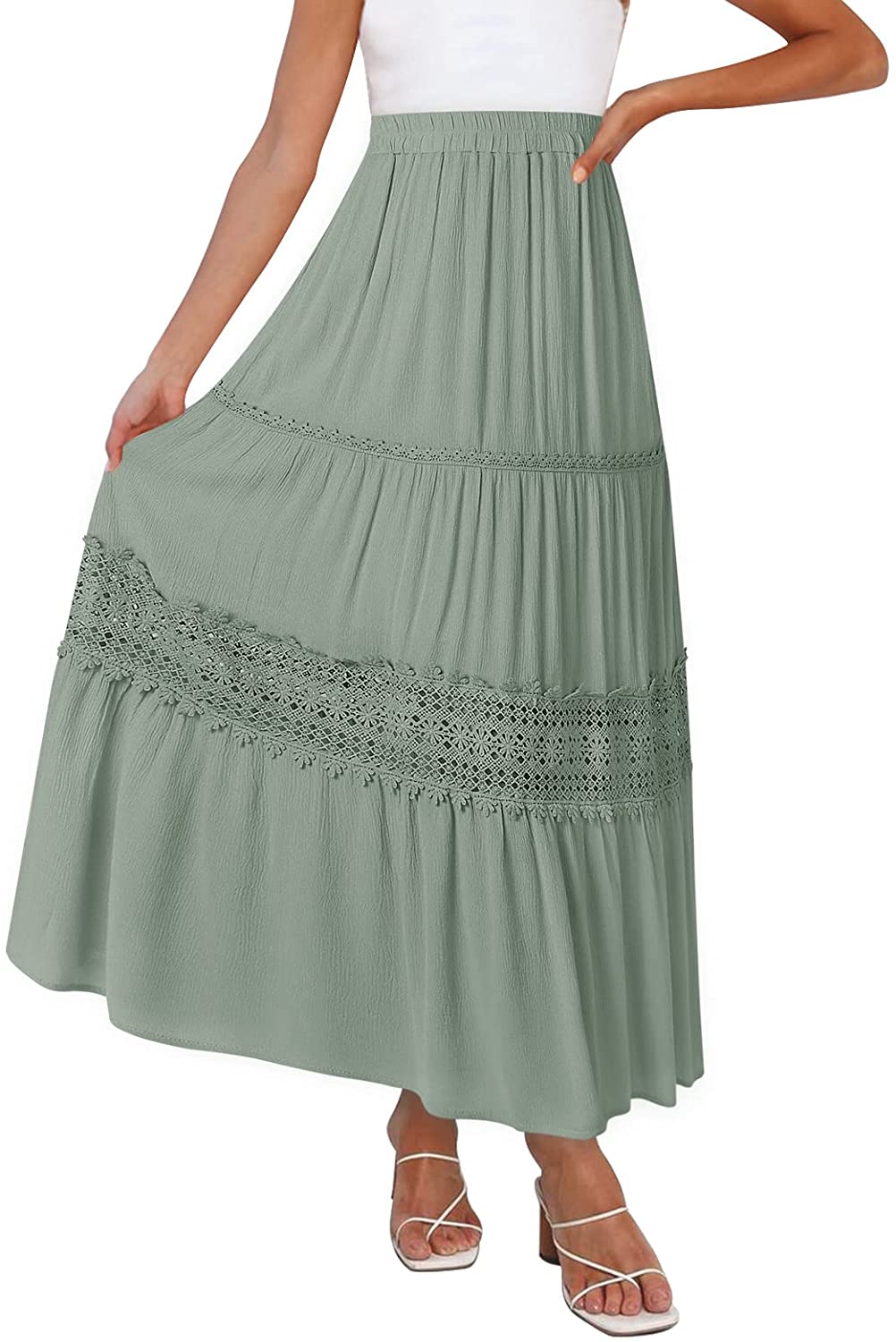 Women's Boho Elastic High Waist Pleated A-line Ruffle Lace Trim Tiered Midi Maxi Skirt with Pockets