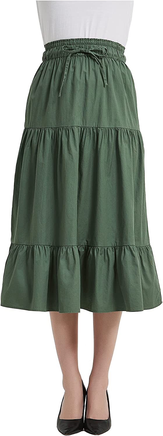 Womens A Line Long Midi Denim Skirt Tired Pleated Layers Elastic Waist Front Drawstring