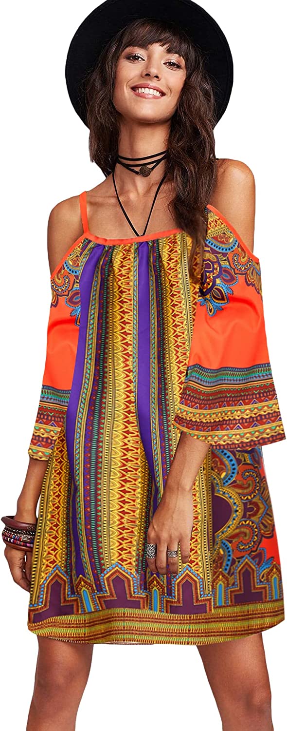 Women's Vintage Print Kimono Sleeve Geometric Tunic Boho Dress
