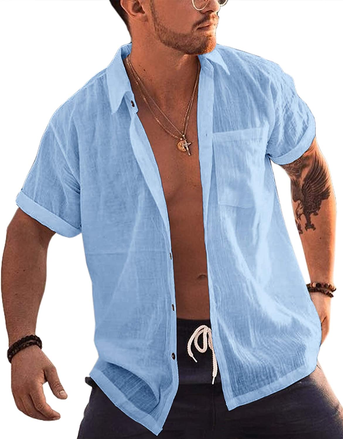 Mens Short Sleeve Button Up Shirts Linen Cotton Beach Tops Spread Collar Plain Summer T Shirt with Pocket