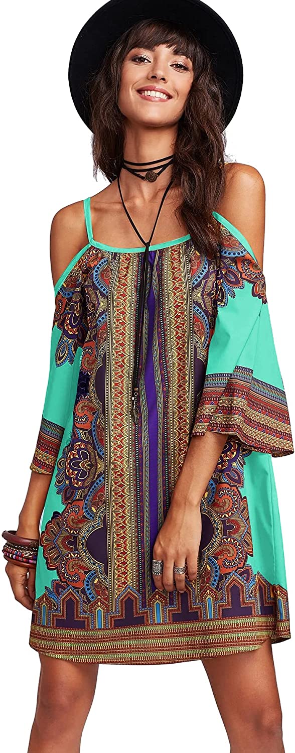 Women's Vintage Print Kimono Sleeve Geometric Tunic Boho Dress