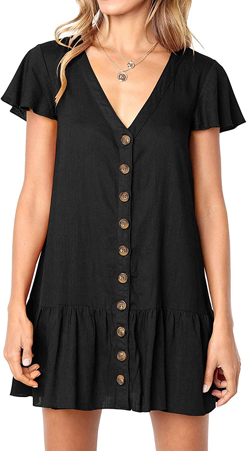 Womens Polka Dot V Neck Button Down Ruffles Loose Mini Short T-Shirt Dress