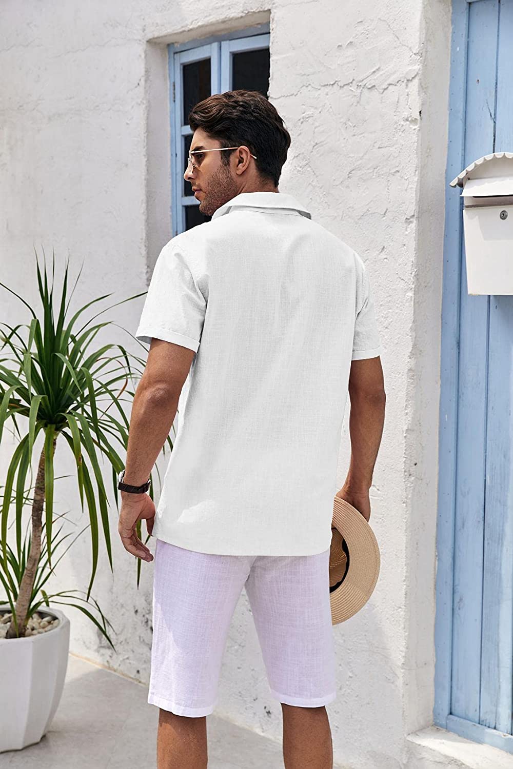 Mens Short Sleeve Button Up Shirts Linen Cotton Beach Tops Spread Collar Plain Summer T Shirt with Pocket