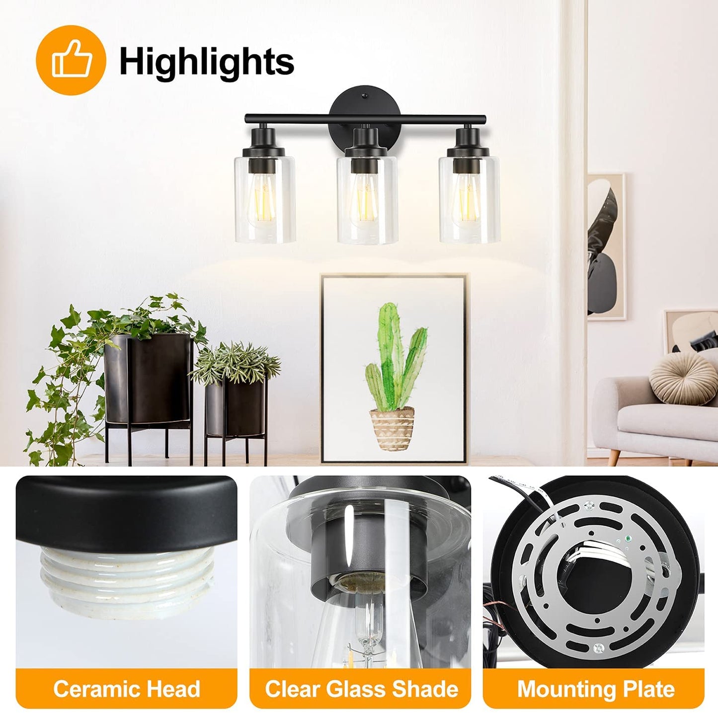 Bathroom Light Fixtures Black Vanity Light, 3 Light Wall Sconces Lighting Bathroom Lights with Clear Glass Shades, Bath Wall Lights Wall Lamp for Mirror, Kitchen, Living Room, Bedroom, Hallway