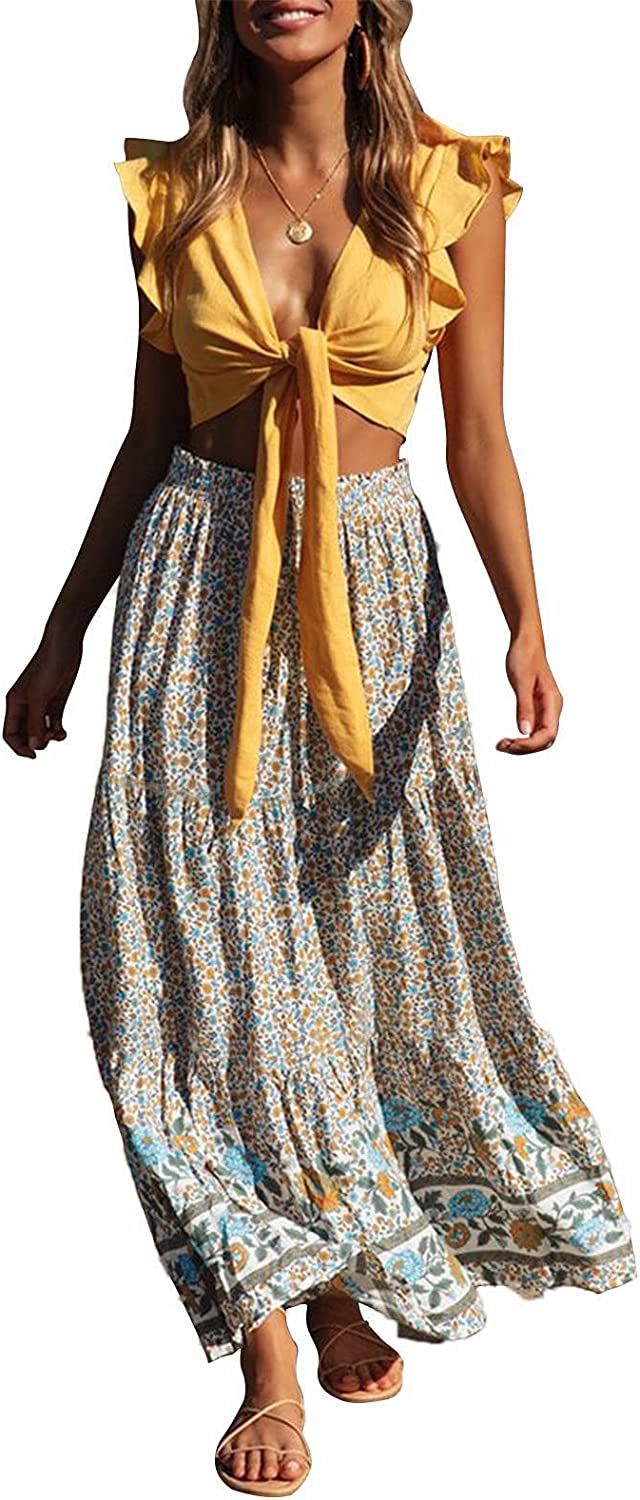 Women's Skirts Boho Floral Printed Elastic High Waist A Line Maxi Skirt with Pockets