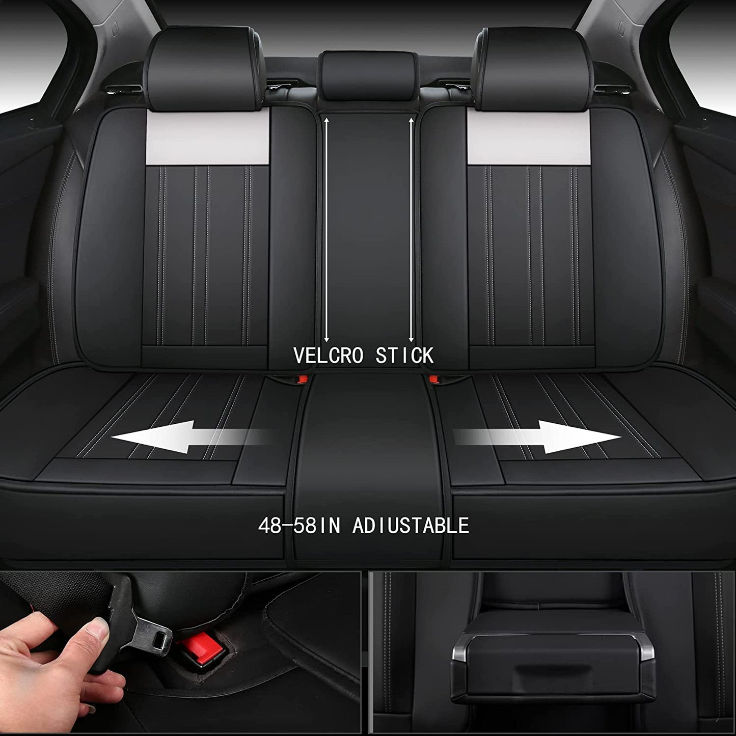 Car Seat Covers Full Set with Waterproof Eco-Friendly Leather, Car Accessories, Universal Automotive Seat Protector Fits for Most Sedans SUV Pick-up Truck (Black-White)