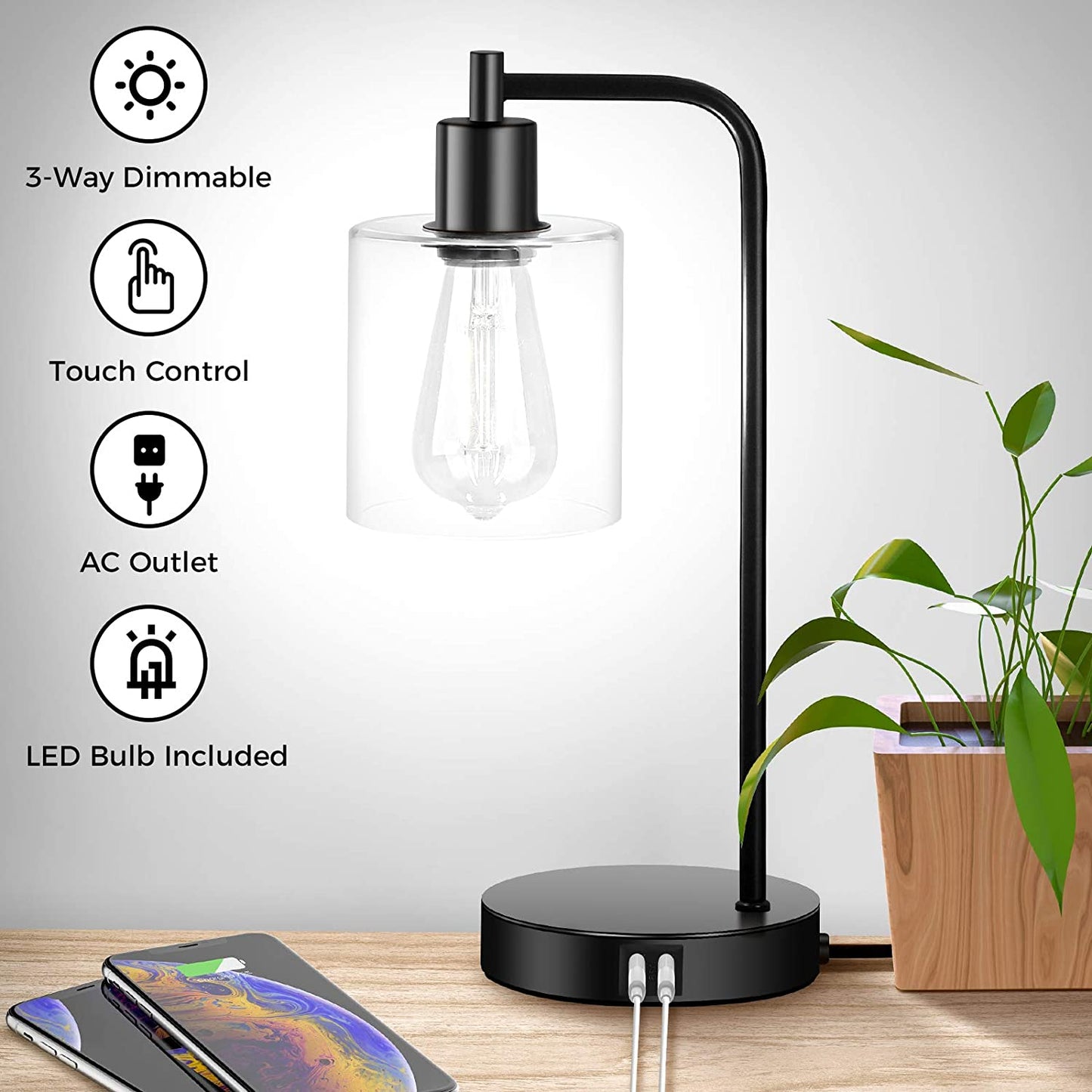 Set of 2 Industrial Touch Control Table Lamps with 2 USB Ports and AC Outlet, 3-Way Dimmable Bedside Nightstand Reading Lamps with Glass Shade for Bedroom Office, Daylight White LED Bulbs Included