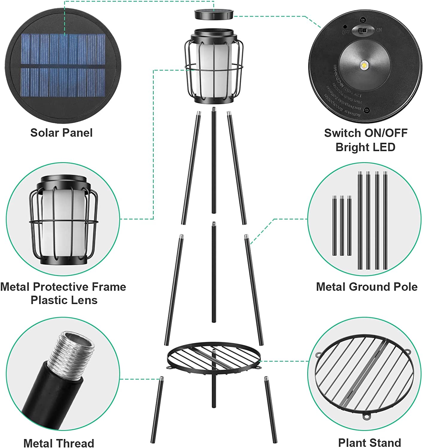 Metal Solar Floor Lamps Outdoor with Plant Stand, 2 Pack Waterproof Solar Lantern Lights for Patio Deck Yard Garden Porch (Black)