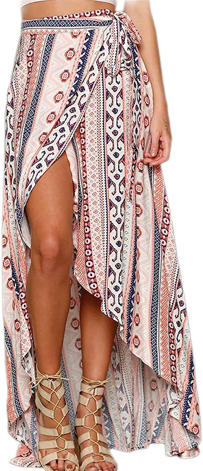 ForeMode Women Boho Print High Waist Side Wrap Bohemian Asymmetric Hem Maxi Long Skirt One Size