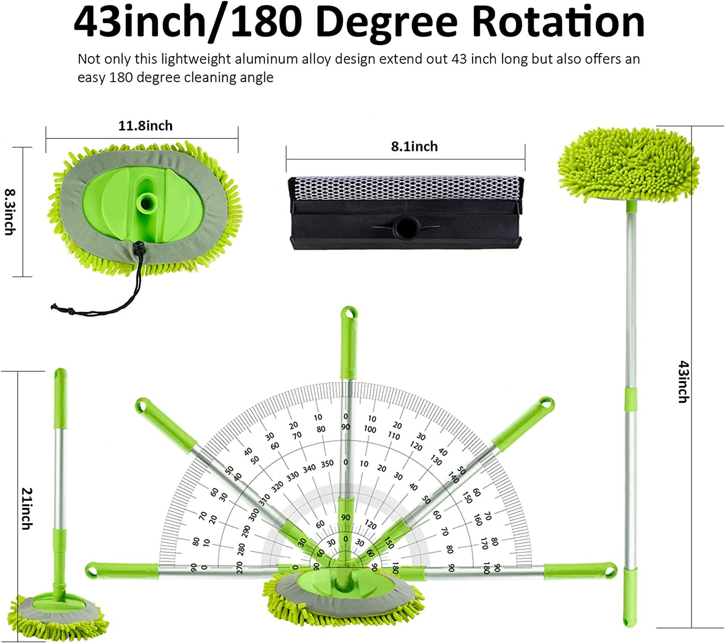 15pcs Car Cleaning Kit, Car Wash Brush Mop with 43" Long Handle, Chenille Microfiber Mitt, Extendable Long Pole Window Water Scraper for Interior and Exterior Car Detailing Kit