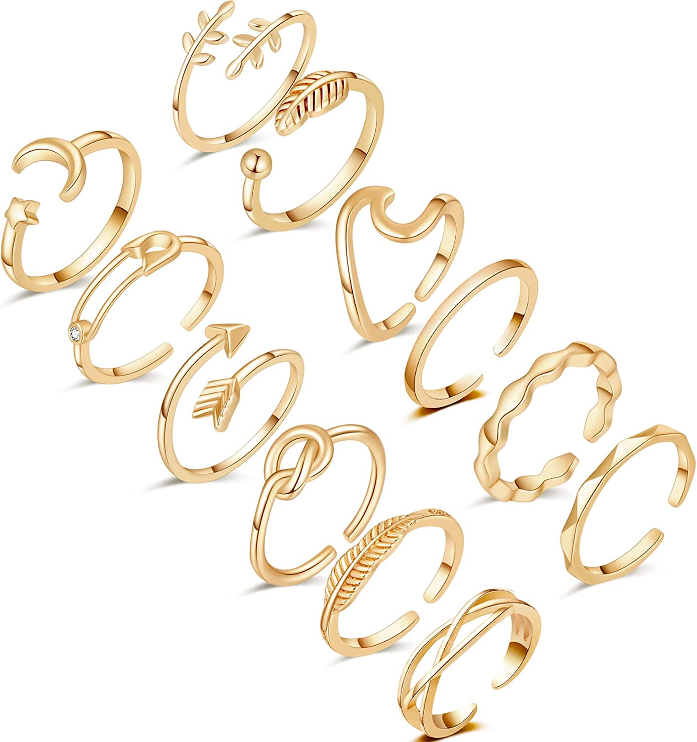Honsny 12PCS Adjustable Knuckle Rings for Women, 14K Simple Gold Stacking Rings Pack, Open Knot Wave Star Moon Dainty Thumb Ring, Cute Silver Rings Set for Teen Girls