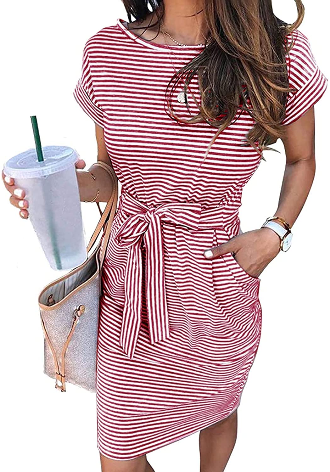 Women's Summer Striped Short Sleeve T Shirt Dress Casual Tie Waist Midi Dress