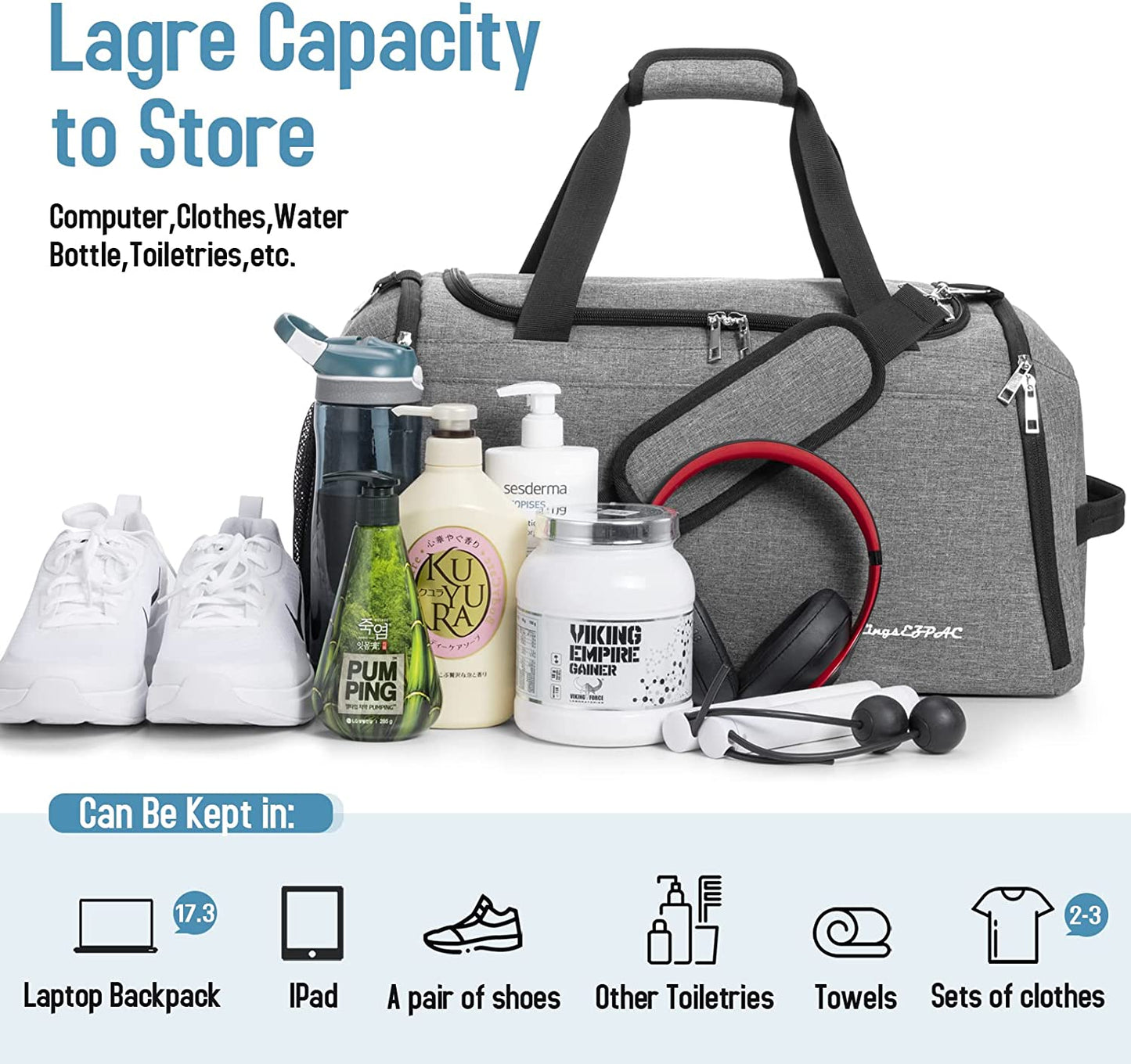Gym Bag for Women & Men,Travel Duffel Bag for Sports, Gyms and Weekend Getaway, Waterproof Dufflebag with Wet Pocket & Shoes Compartment,Lightweight Carryon Gymbag (Dark gray)