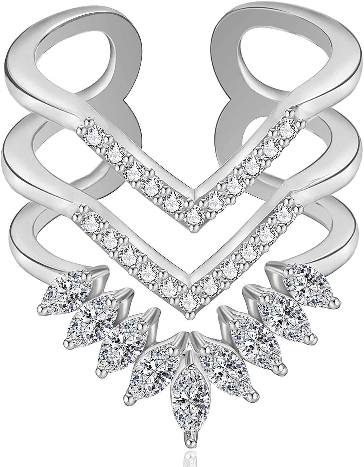Gold Statement Rings for Women 14k Gold Plated Silver Rose Gold Evil Eye Chevron Pointed V Shaped Open Ring Marquise Cubic Zirconia Adjustable Rings for Teen Girls