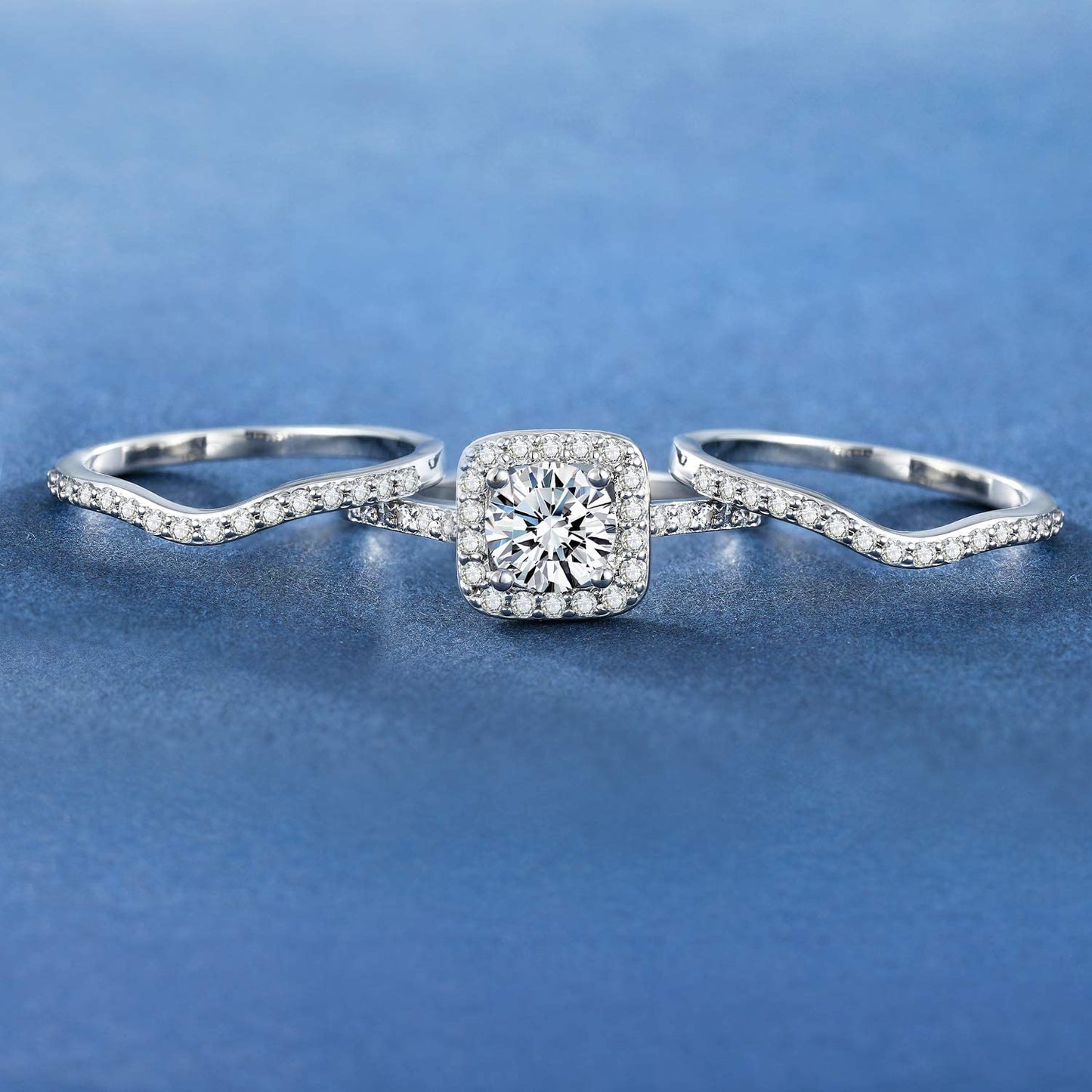 18K White Gold Plated Cubic Zirconia Three-in-One Halo Wedding Engagement Promise Eternity Ring for Women