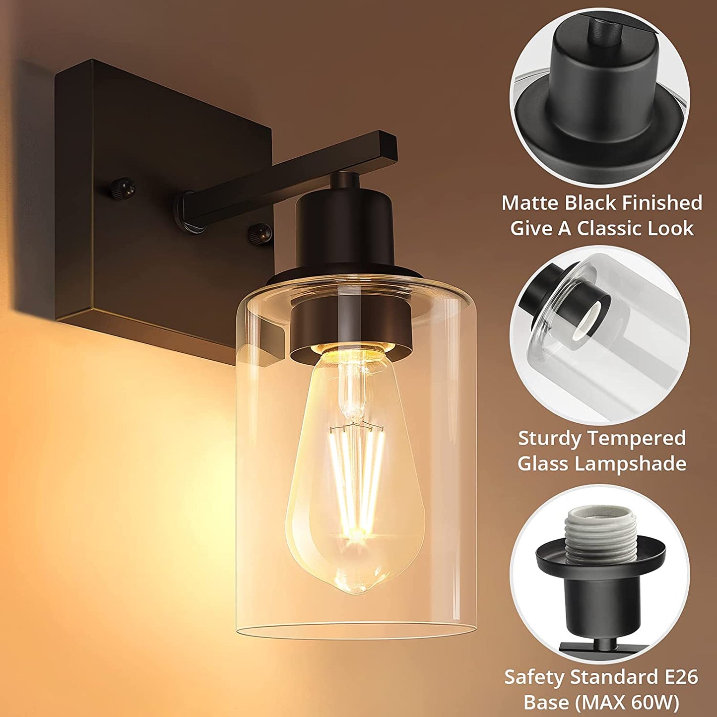 Sconces Set of 2, Matte Black Vanity Lights for Bathroom, Modern Wall Light Fixtures, Metal Sconces Wall Lighting with Clear Glass Shade, Farmhouse Wall Lamp for Bedroom Mirror Living Room