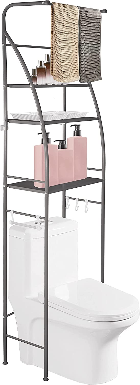 3 Tier Over The Toilet Storage Rack, Bathroom Space Saver Shelf Organizer Over Toilet with Towel Rod (White)