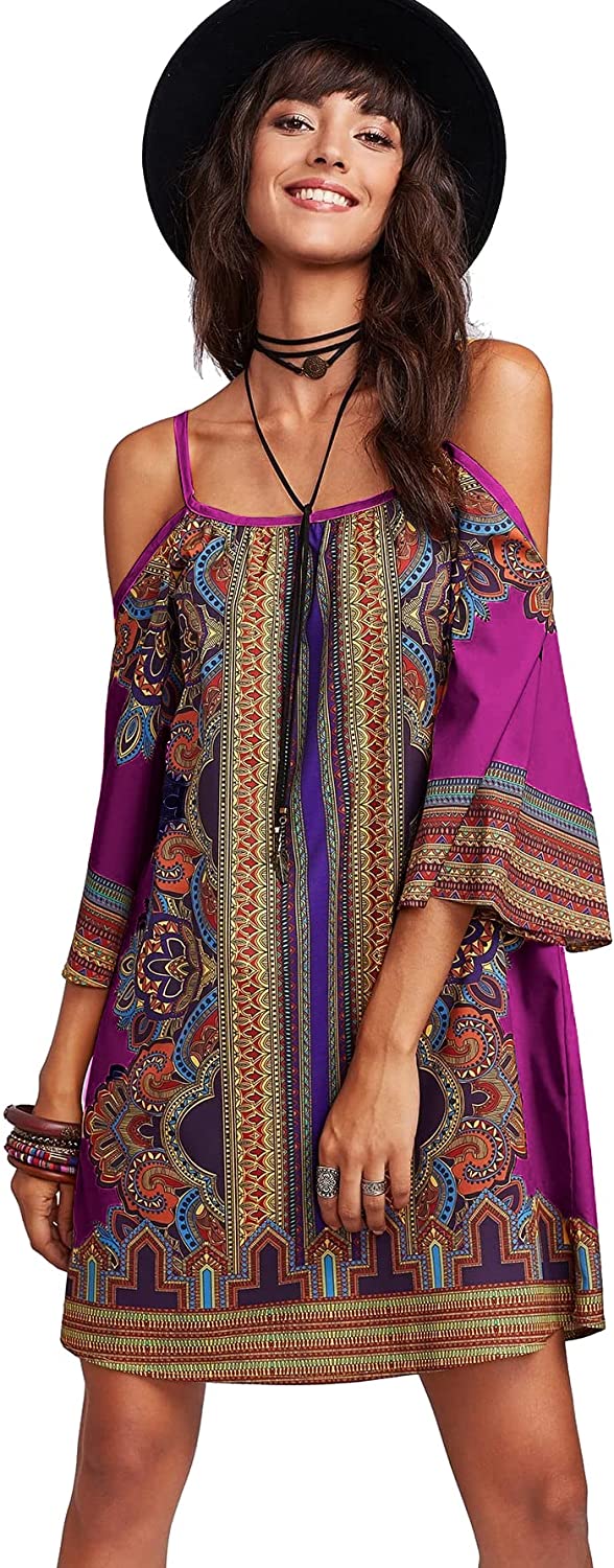 Women's Vintage Print Kimono Sleeve Geometric Tunic Boho Dress