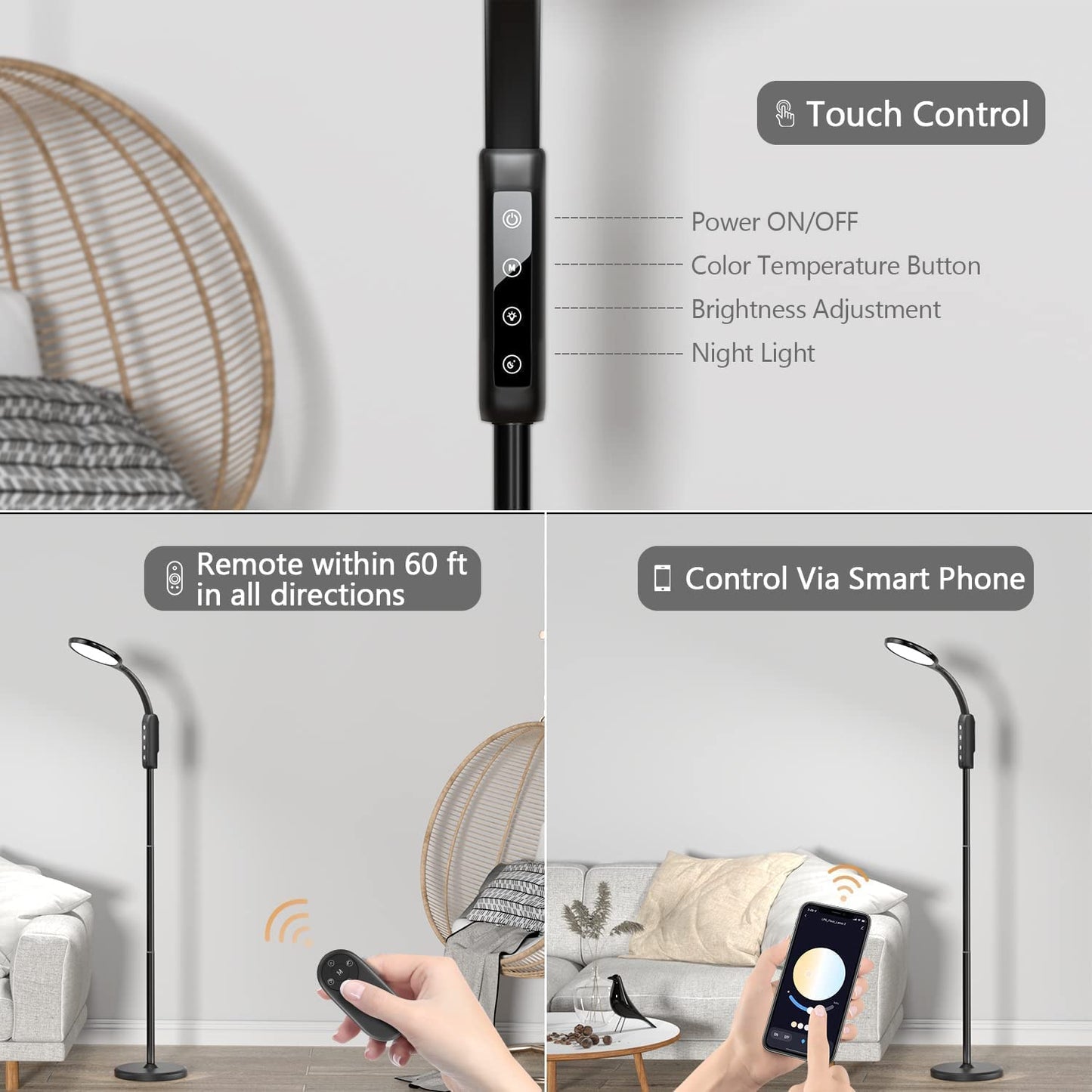 Floor Lamp for Living Room, Standing Lamp with Adjustable Brightness Flexible Gooseneck, Smart Lamp Remote App Control, Rechargeable Battery Operated Outdoor Lamp, Work Light for Reading, Crafts