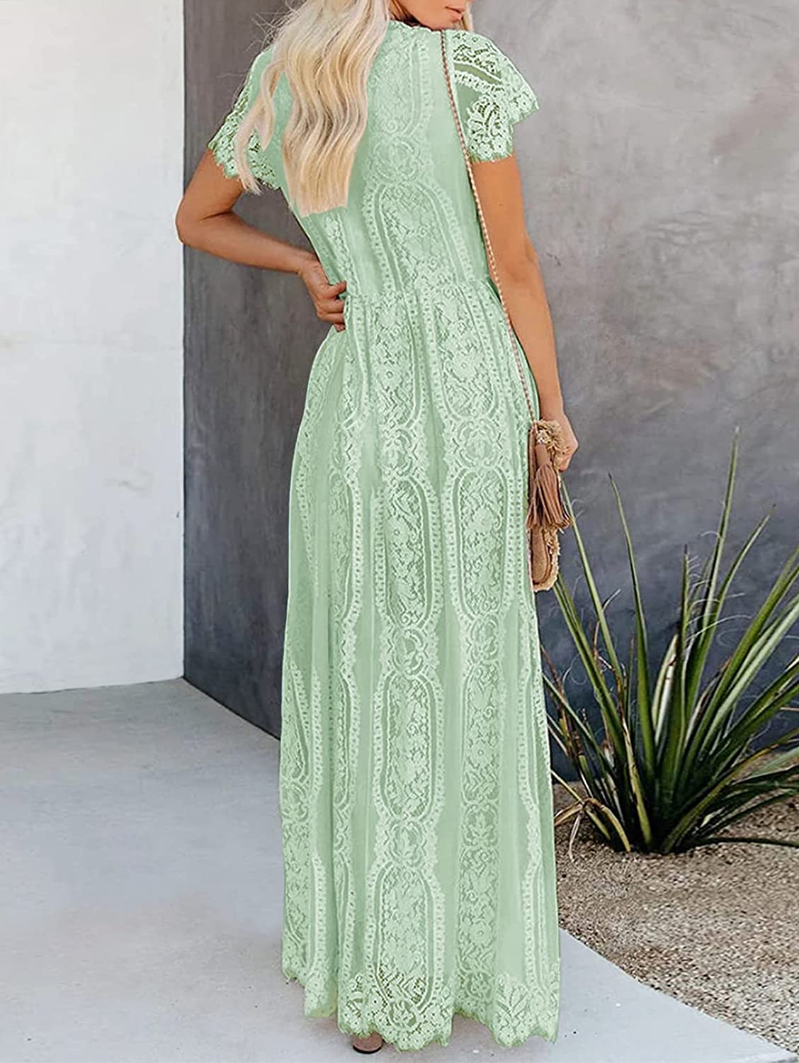 Women's V Neck Short Sleeve Floral Lace Wedding Dress Bridesmaid Cocktail Party Maxi Dress