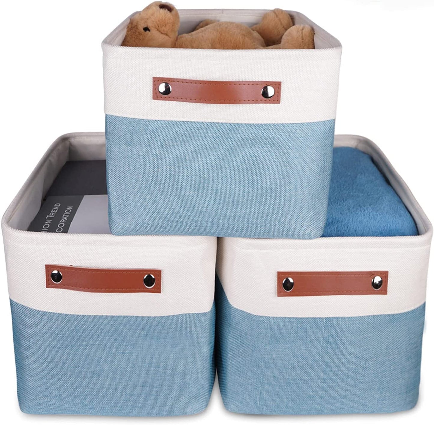 HOSEN Storage Basket Set 3 Pack Large 14 L x 10 W x 9 H - Collapsible Cotton Basket with 2 Handles Organizer Basket Bin Box for Organizing Shelf Nursery Home Closet (Coffee)