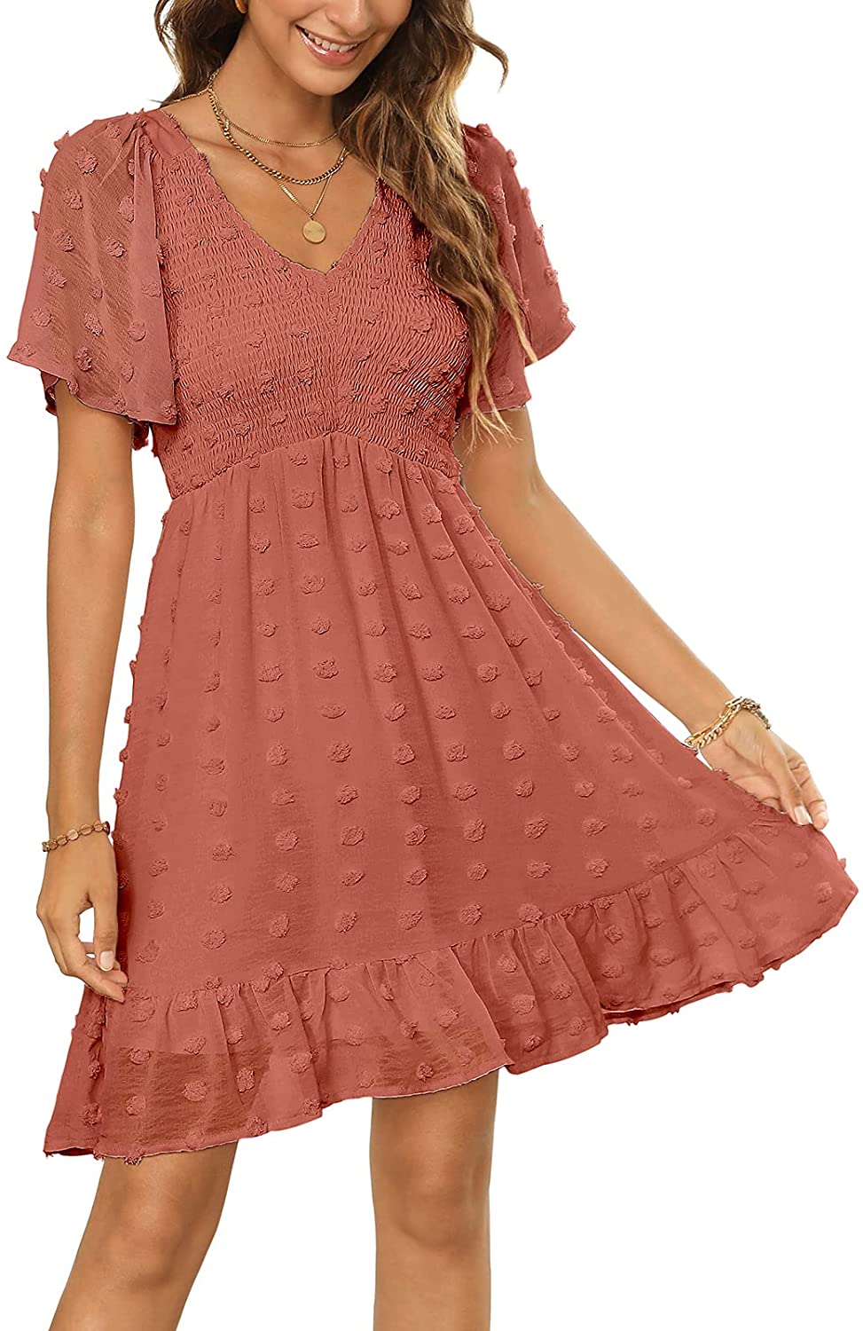 Womens Smocked Flutter Sleeve V Neck Ruffle Mini Swiss Dot Babydoll Dress