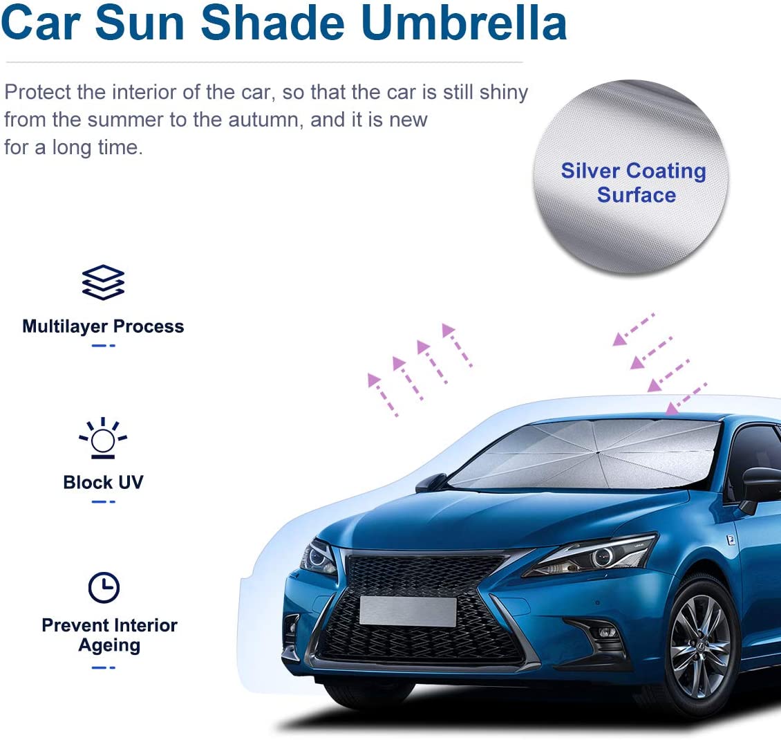 Car Umbrella Sun Shade Cover for Windshield UV Reflecting Foldable Front Car Sunshade Umbrella, Easy to Use/Store, Fit Most Vehicle, 57'' x 31''