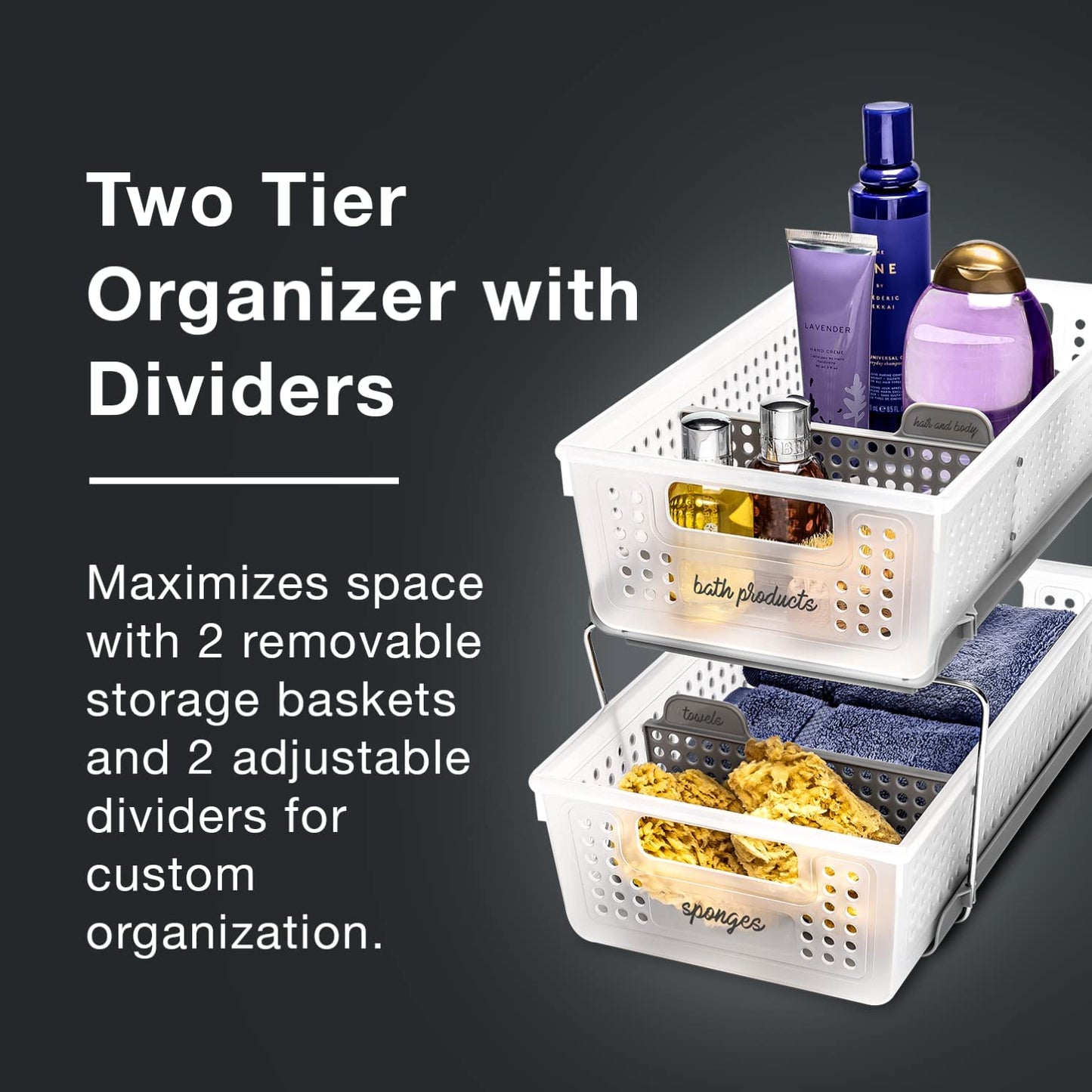 madesmart 2-Tier Organizer, Multi-Purpose Slide-Out Storage Baskets with Handles and Dividers, Frost