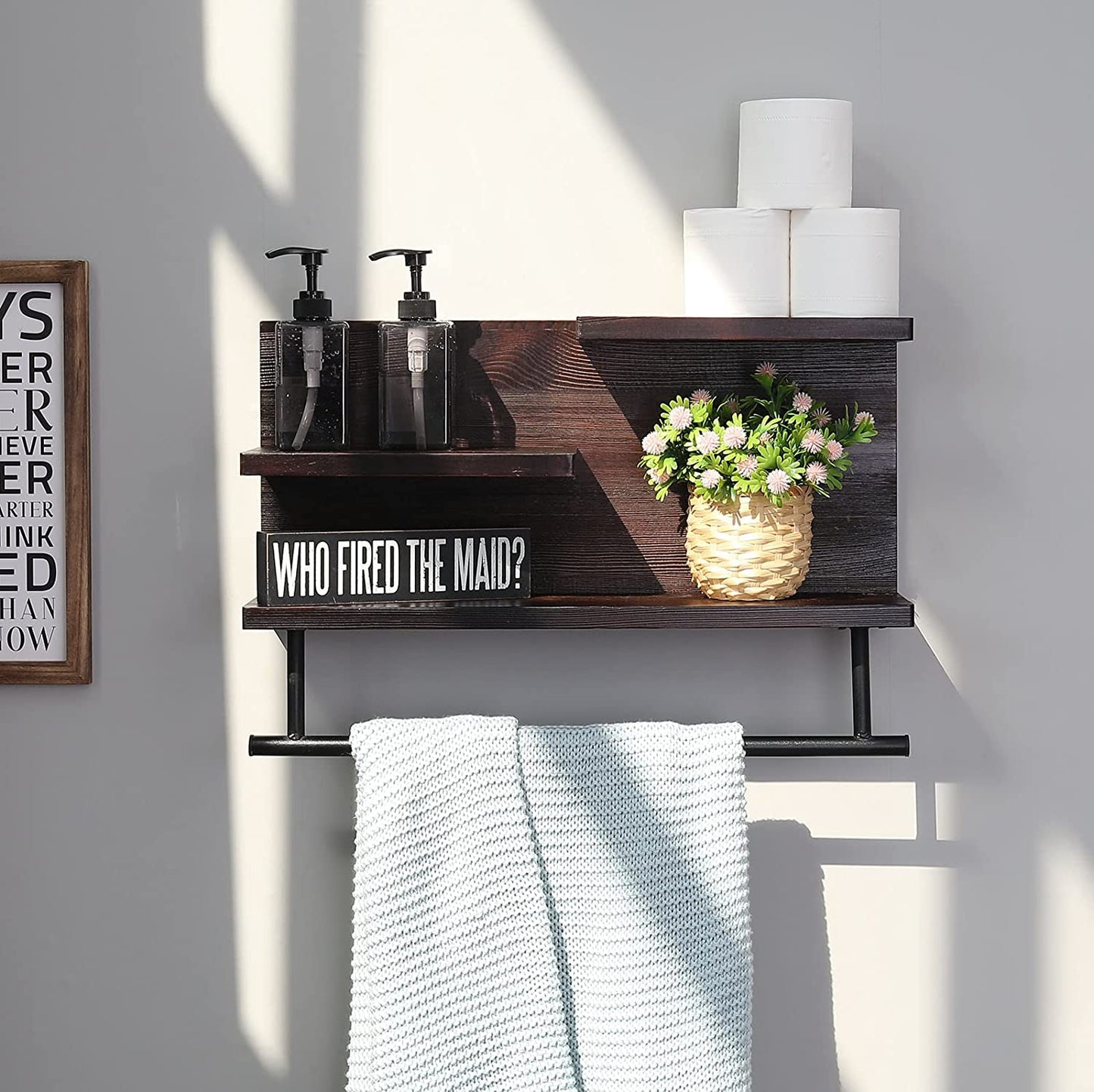 3-Tier Bathroom Shelf Wall Mounted, Retro Wood Shelf with Towel Bar, Utility Storage Shelf Rack for Bathroom Kitchen Bedroom Living Room, 24 inch