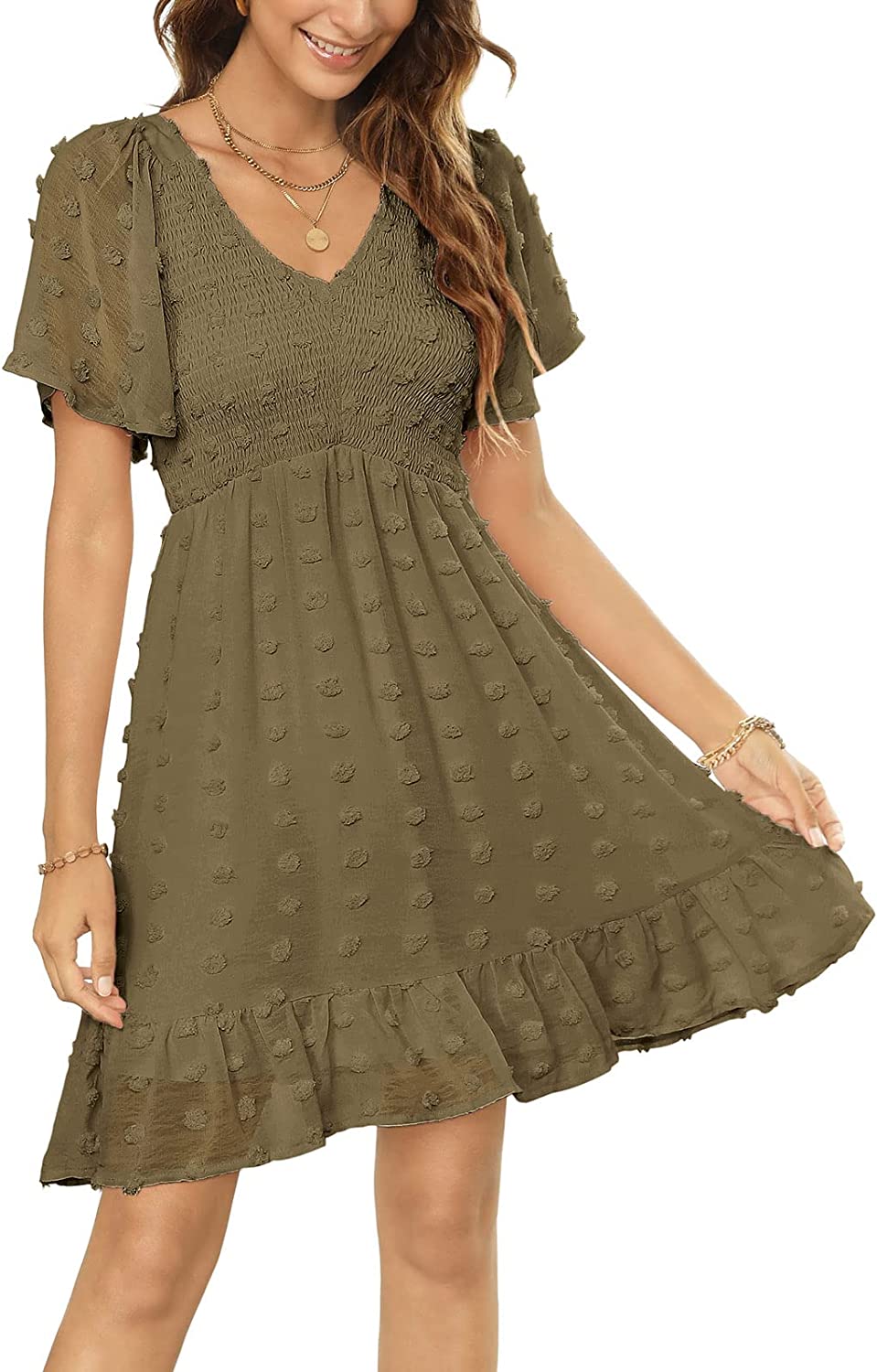 Womens Smocked Flutter Sleeve V Neck Ruffle Mini Swiss Dot Babydoll Dress