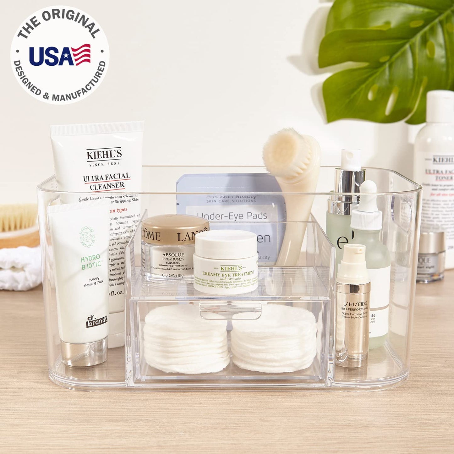Bliss 4-Compartment Clear Plastic Organizer with Small Accessory Drawer | Rectangular Vanity Storage Bin with Pass-Through Handles | Round Corner Design | Made in USA