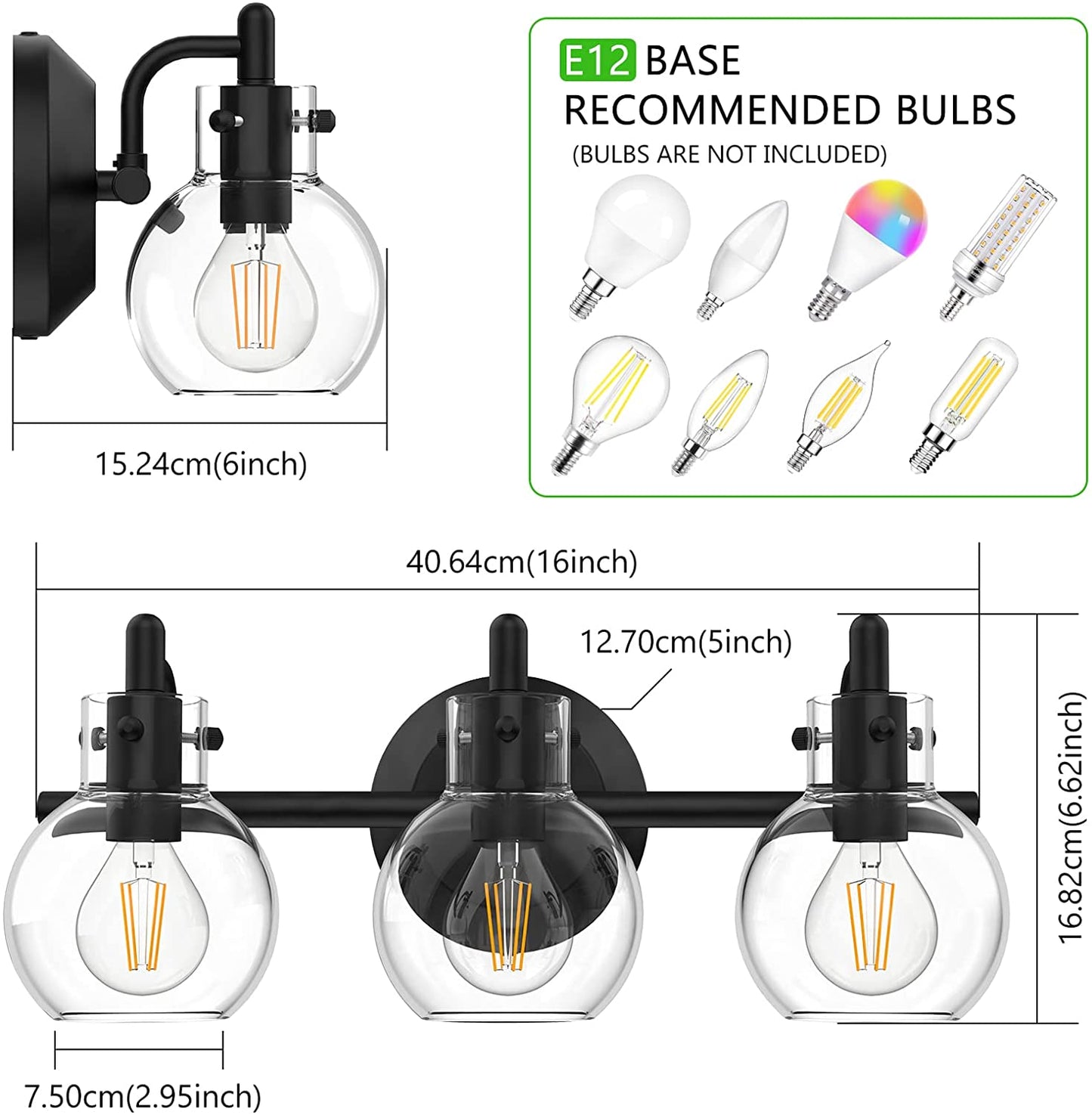 Vanity Light Fixtures, Modern 3 Lights Wall Sconce Lighting Matte Black, Farmhouse Metal Wall Lamp with Globe Glass Shade, Porch Wall Mount Light Fixture for Mirror Cabinets Hallway Stairs