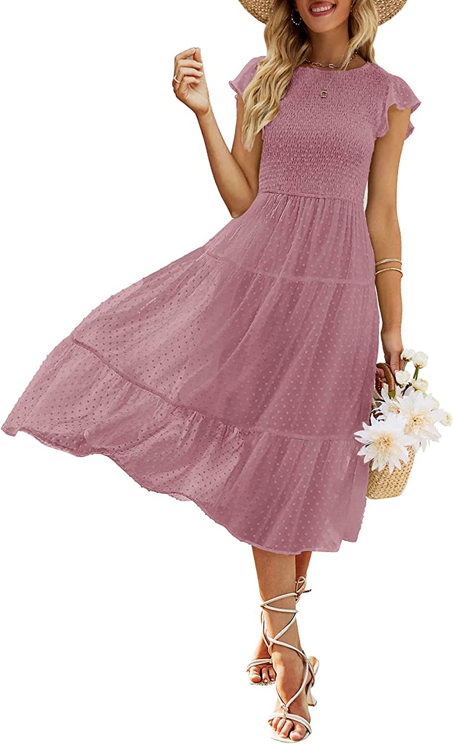 Women's Summer Flutter Short Sleeve Smocked Midi Dress Swiss Dot Flowy Tiered Dresses