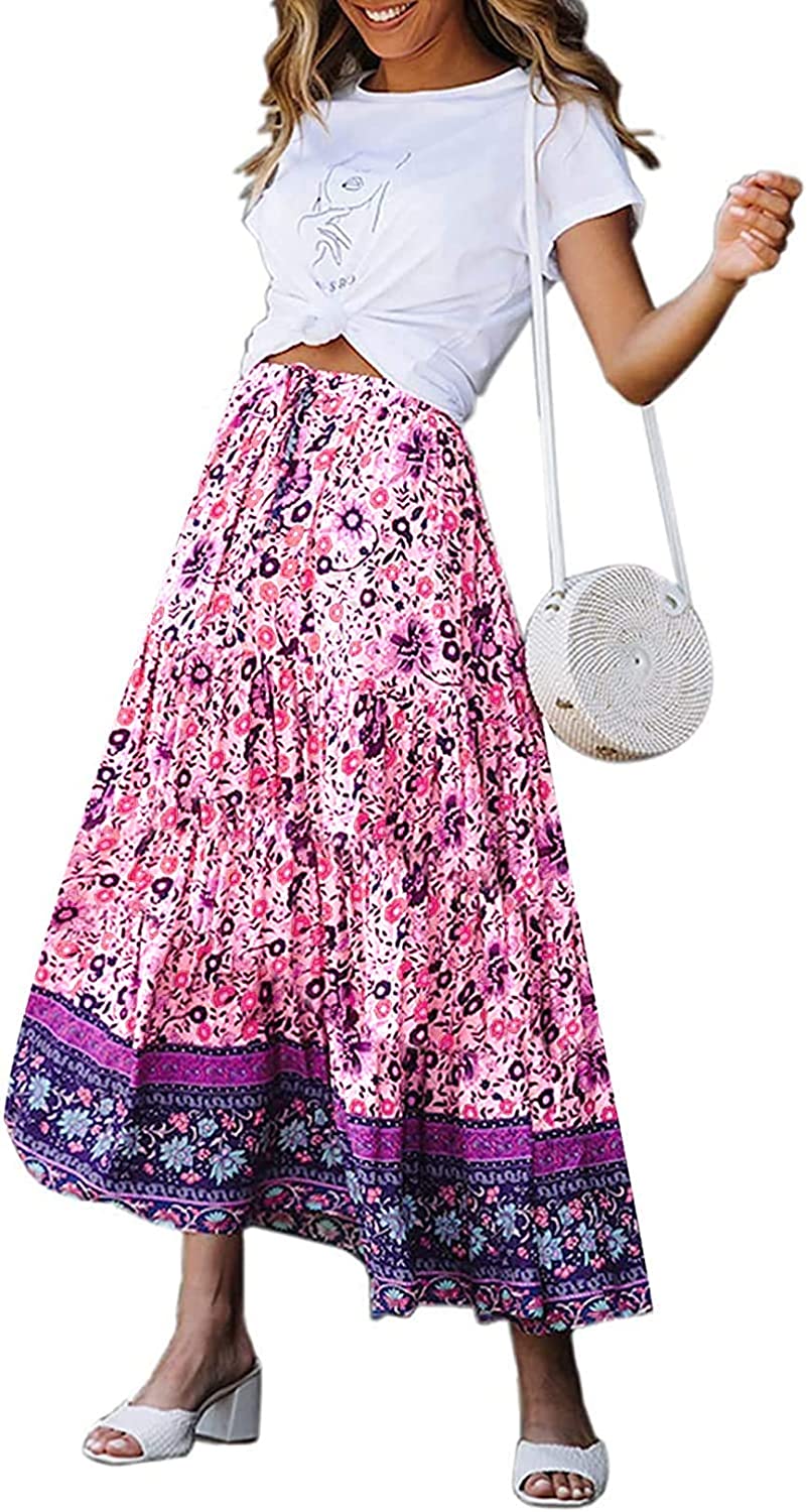 Women's Skirts Boho Floral Printed Elastic High Waist A Line Maxi Skirt with Pockets