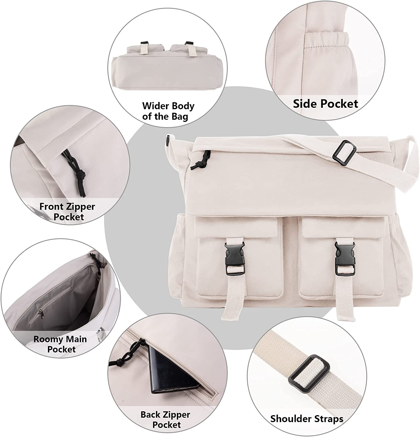 Lovvento Canvas Messenger Bag Crossbody Bag for School 15.6 Inch Laptop Bag Waterproof Shoulder Bag Lightweight