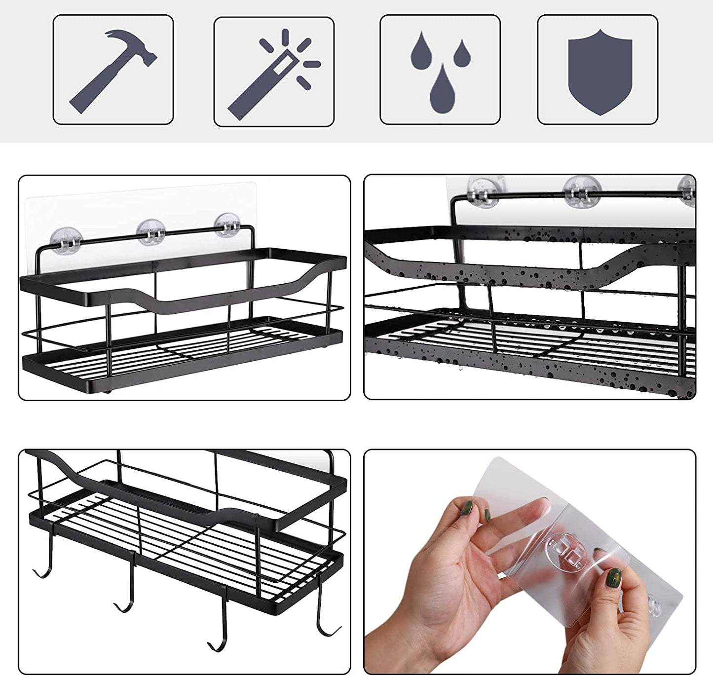 Carwiner Shower Caddy Bathroom Shelf 2-Pack, Basket with 8 Hooks for Hanging Shampoo Conditioner, SUS304 Stainless Steel Rack Wall Mounted Storage Organizer for Kitchen, No Drilling (Black)