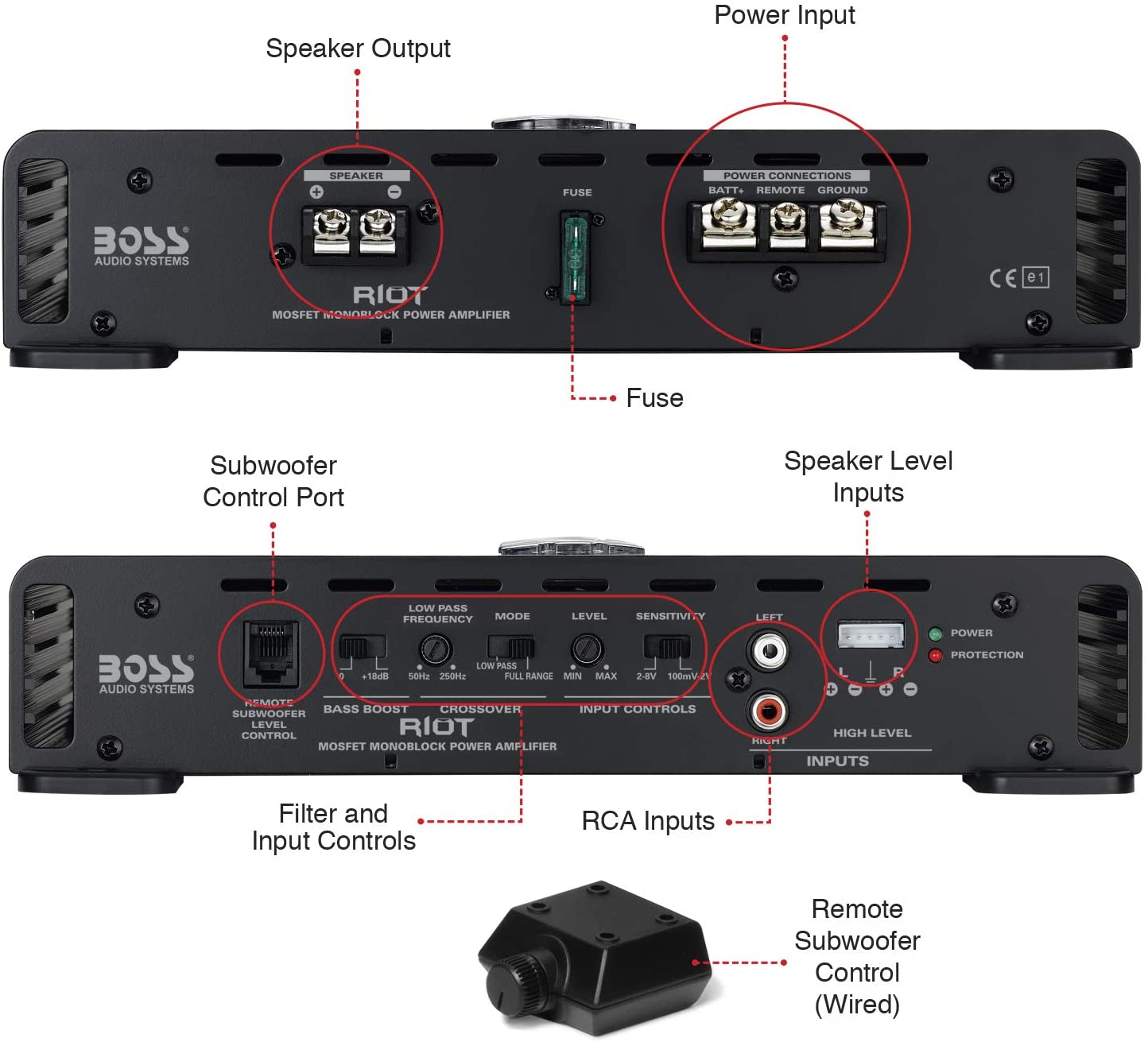R1100M Riot Series Car Audio Subwoofer Amplifier - 1100 High Output, Monoblock, Class A/B, 2/4 Ohm Stable, Low/High Level Inputs, Low Pass Crossover, Mosfet Power Supply, Stereo