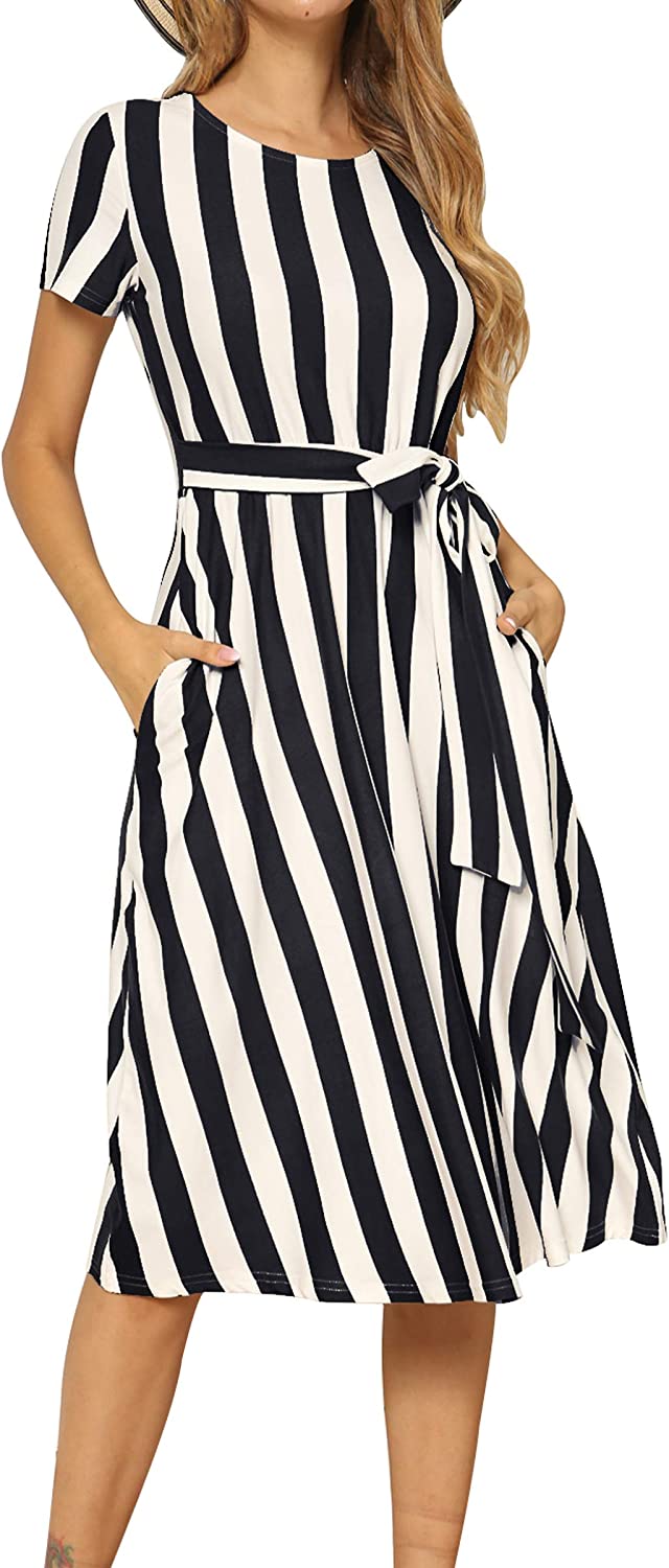 Women's Short Sleeve Striped Casual Flowy Midi Belt Dress with Pockets