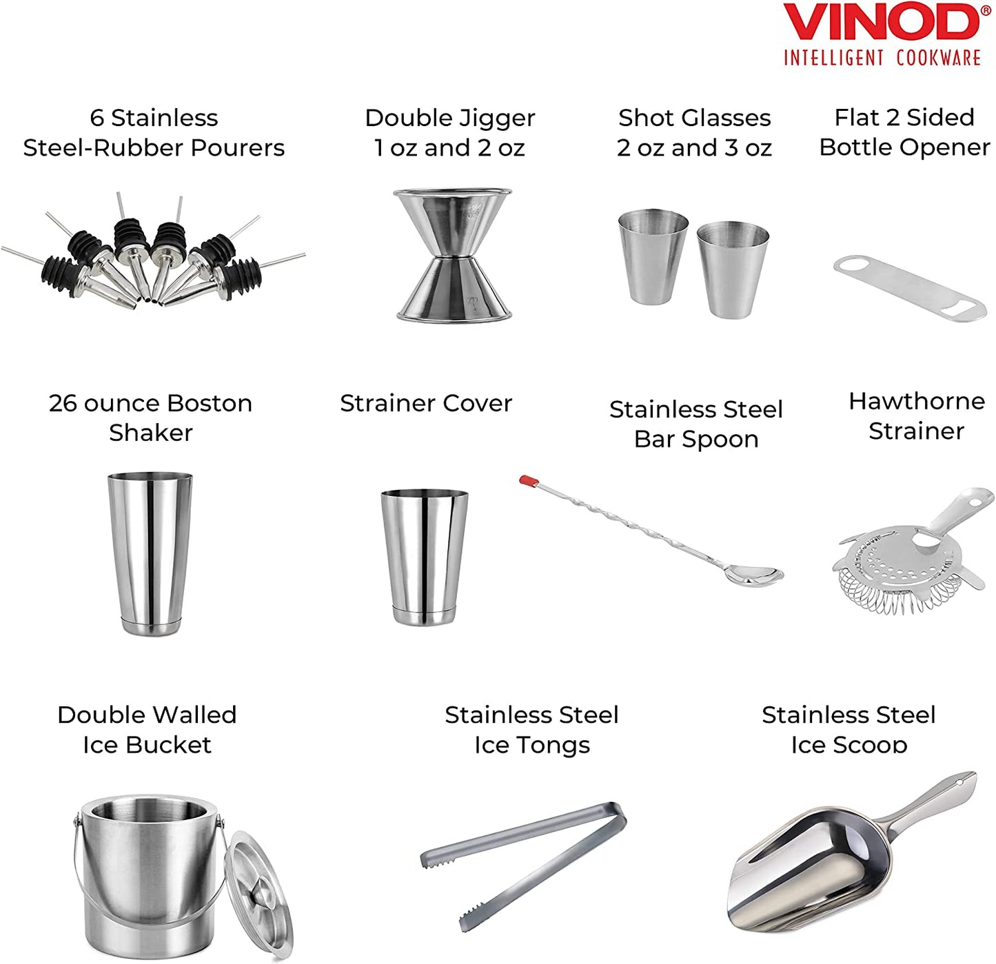 Stainless Steel Cocktail Set | 17 Piece Bar Accessories Set | 26 Ounce Boston Shaker w/Strainer Rubber Pourers Bar Jigger, Cocktail Spoon & More | Drink Mixer Bar Set | Bartender Kit