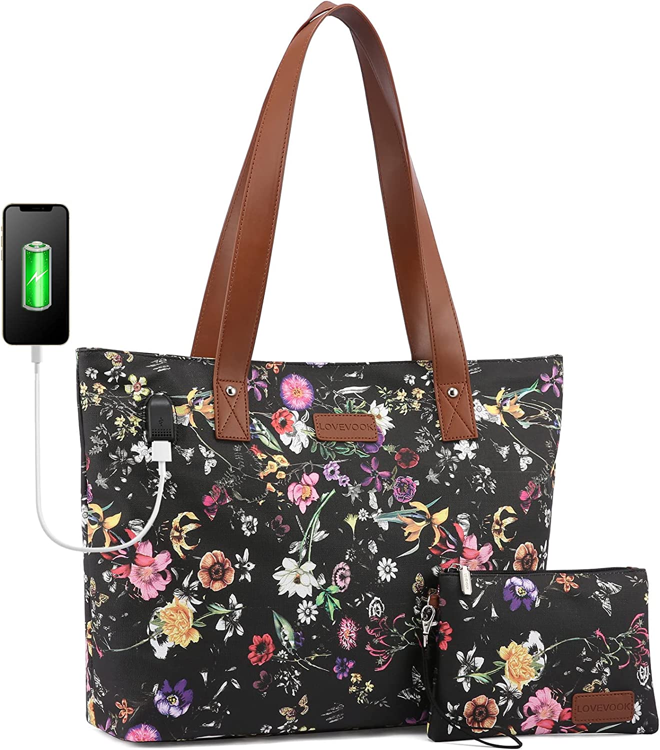 Laptop Shoulder Work Tote Bag for Women,Lightweight Casual School Bag Fits 15.6 In Laptop Handbag Purse 2pc/set