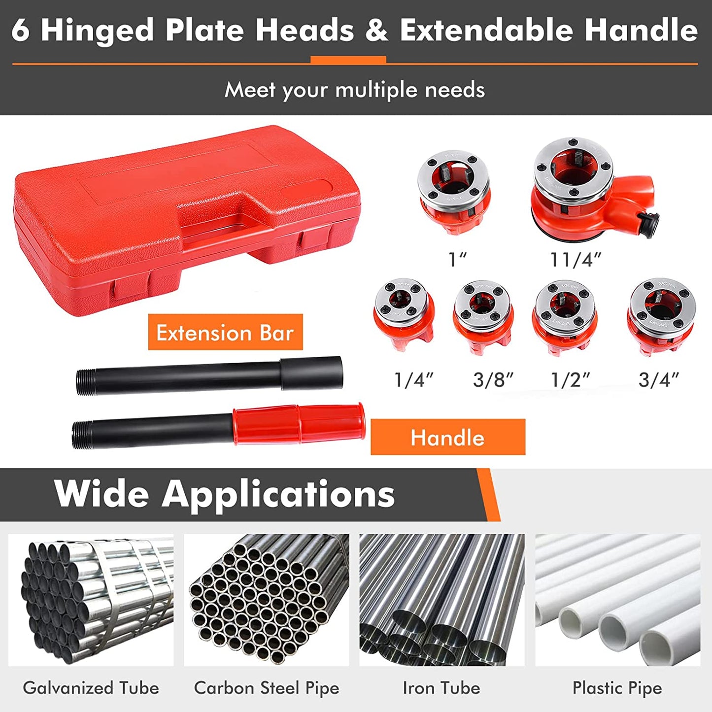 Goplus Ratchet Pipe Threader Kit, Ratcheting Pipe Threading Tool Set w/ 6 Dies- 1/4", 3/8", 1/2", 3/4", 1", 1-1/4" and Storage Case