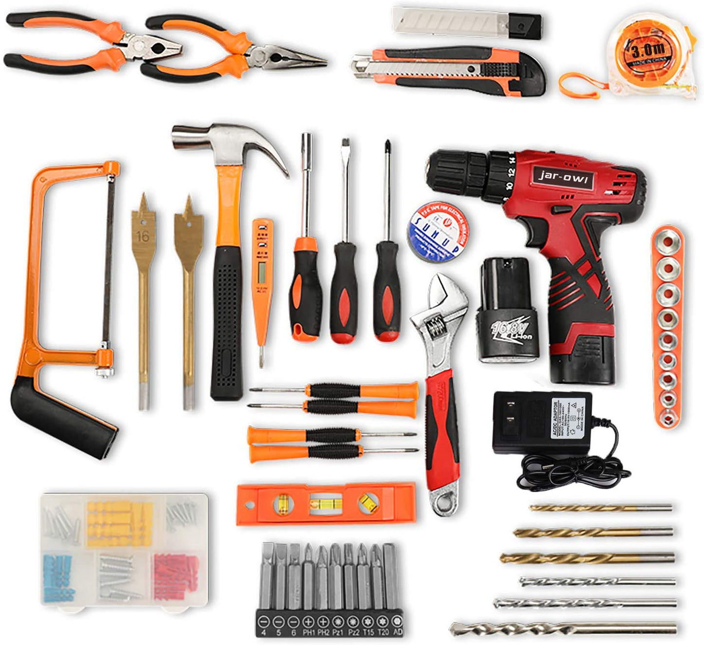 108 Piece Power Tool Combo Kits with 16.8V Cordless Drill, Household Tools Set with DIY Hand Tool Kits for Professional Garden Office Home Repair Maintain-Black/Red
