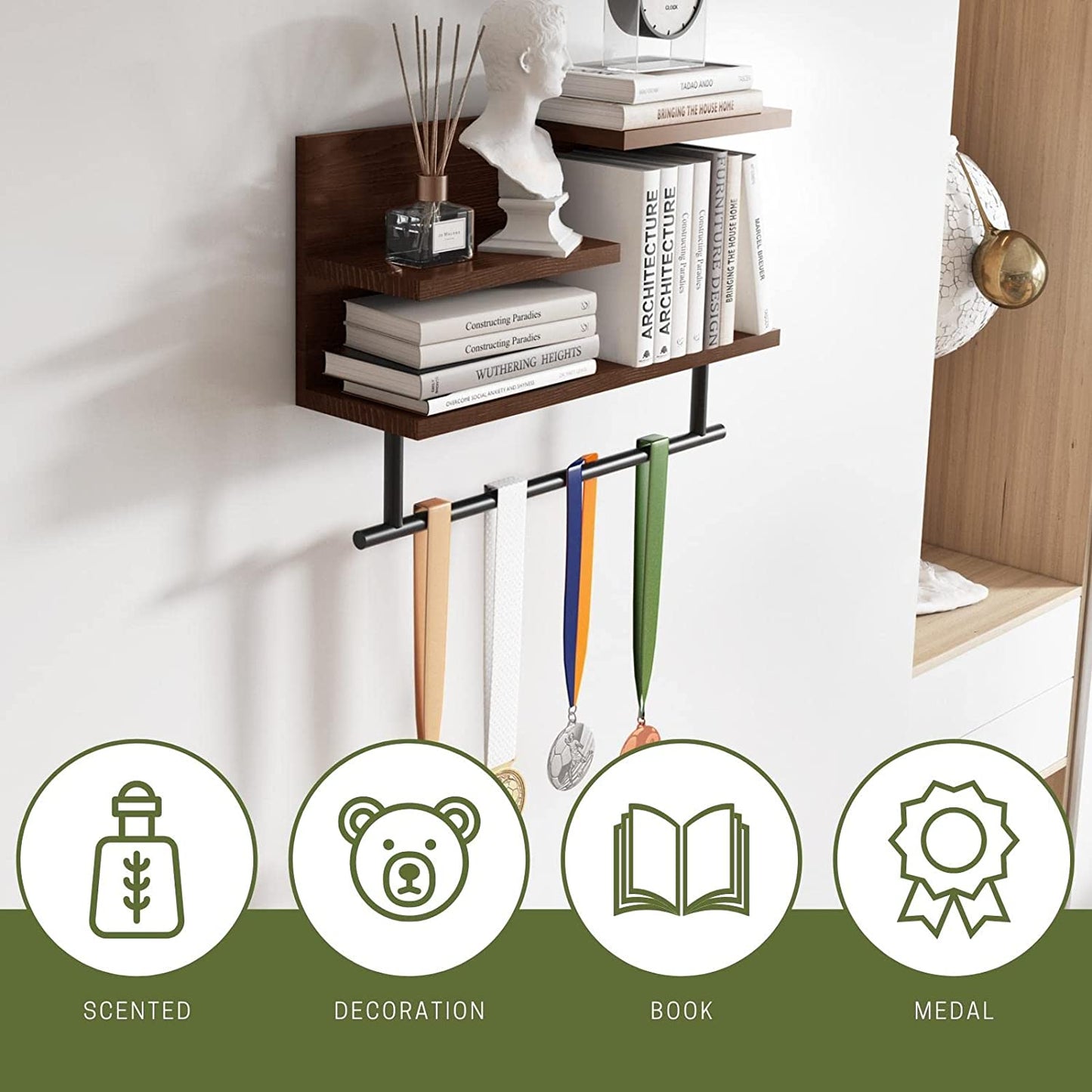 3-Tier Bathroom Shelf Wall Mounted, Retro Wood Shelf with Towel Bar, Utility Storage Shelf Rack for Bathroom Kitchen Bedroom Living Room, 24 inch