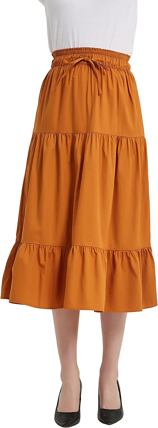 Womens A Line Long Midi Denim Skirt Tired Pleated Layers Elastic Waist Front Drawstring