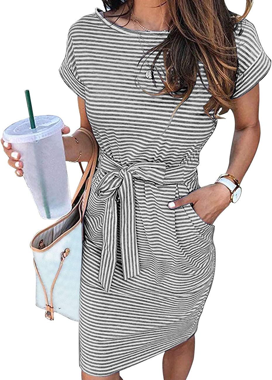 Women's Summer Striped Short Sleeve T Shirt Dress Casual Tie Waist Midi Dress