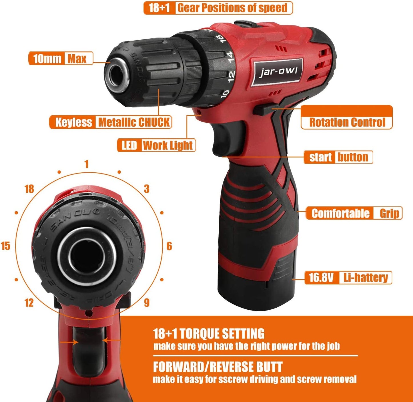 108 Piece Power Tool Combo Kits with 16.8V Cordless Drill, Household Tools Set with DIY Hand Tool Kits for Professional Garden Office Home Repair Maintain-Black/Red