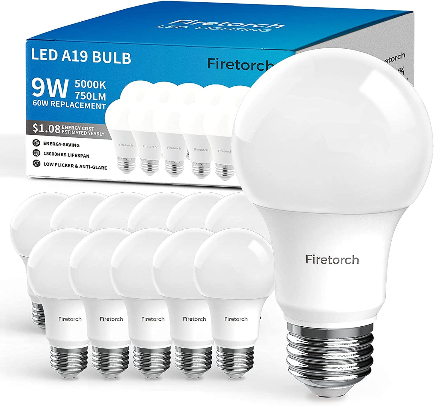 Firetorch A19 Led Bulb,9 W 60W Equivalent, E26 Led Light Bulbs Standard Replacement Bulb 750 Lumen,Non-Dimmable, UL Listed (5000K,4 Pack)