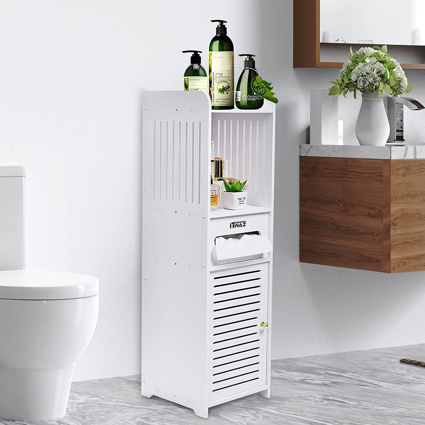 Multipurpose Bathroom Standing Cabinet with Single Door and 3-Layer, Free-Standing Shelves for Living Room Bathroom Storage Cabinet,9.8" Lx9.8 Wx31.5 H White B