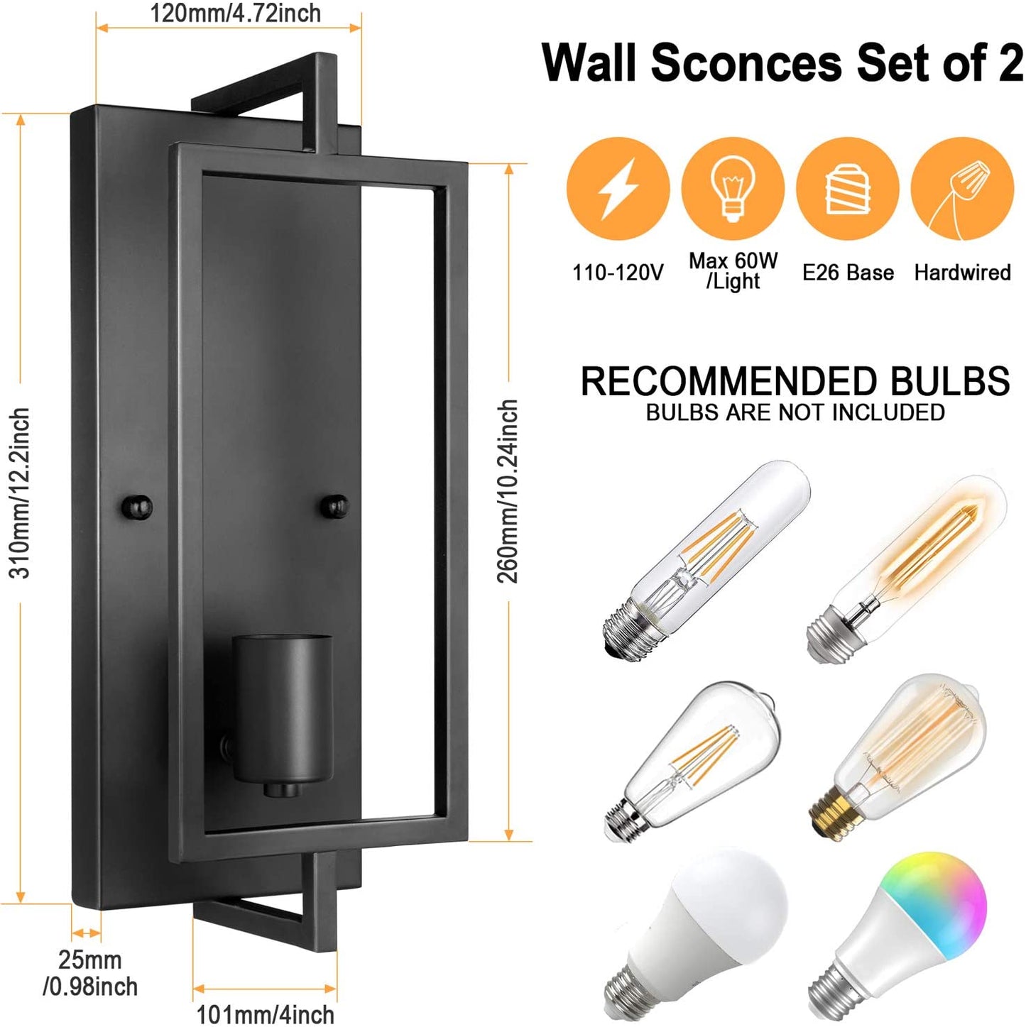 Industrial Wall Sconces Set of 2, Vintage Wall Light Fixture with E26 Base, Matte Black, Metal Rustic Wall Mount Lamp, Modern Indoor Wall Sconce Lighting Hardwired for Living Room Bedroom