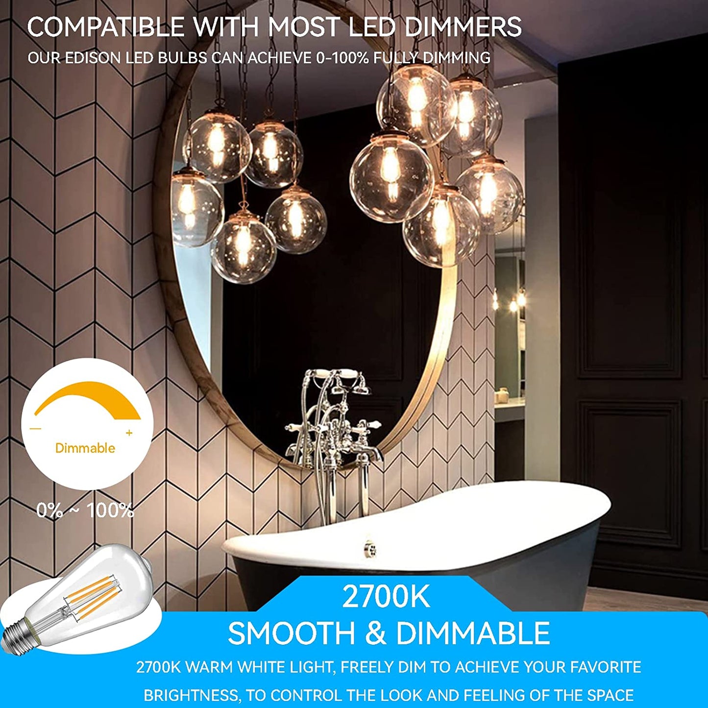 Light Bulbs Edison LED 7W 60 watt Equivalent 800 Lumen 2700K Warm White CRI90+ Standard E26 Screw Base ST58 Old Style Filament Bulb 6 Pack